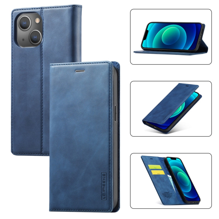 For iPhone 14 Plus LC.IMEEKE Strong Magnetic Leather Phone Case with Holder & Card Slots & Wallet (Blue) - HoMEdemic™ 