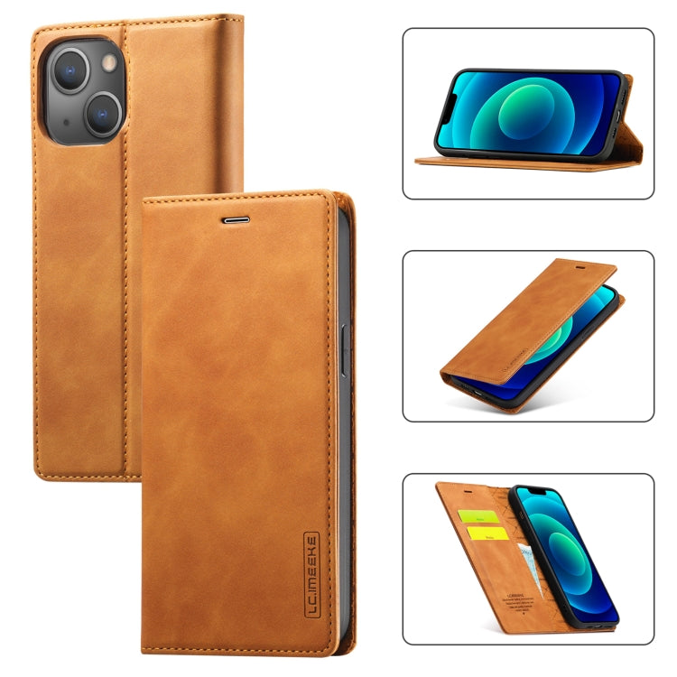 For iPhone 14 Plus LC.IMEEKE Strong Magnetic Leather Phone Case with Holder & Card Slots & Wallet (Brown) - HoMEdemic™ 