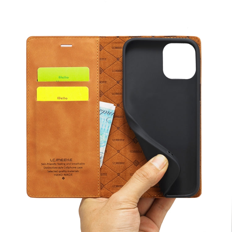 For iPhone 14 Plus LC.IMEEKE Strong Magnetic Leather Phone Case with Holder & Card Slots & Wallet (Brown) - HoMEdemic™ 