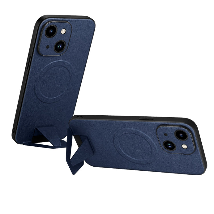 For iPhone 14 Plus SULADA Folding Holder Lambskin Texture MagSafe Phone Case(Blue) - HoMEdemic™ 