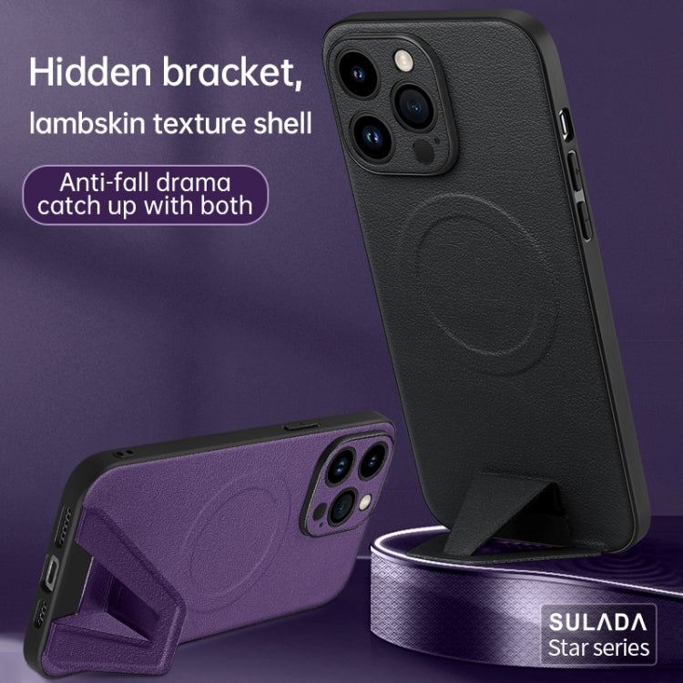 For iPhone 14 Plus SULADA Folding Holder Lambskin Texture MagSafe Phone Case(Blue) - HoMEdemic™ 