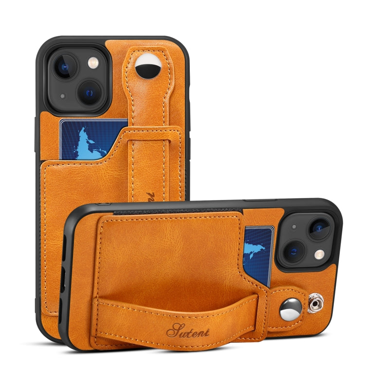 For iPhone 14 Plus Suteni 215 Wrist Strap PU Phone Case(Khaki) - HoMEdemic™ 