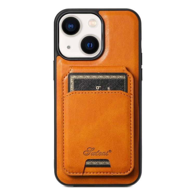 For iPhone 14 Plus Suteni H15 MagSafe Oil Eax Leather Detachable Wallet Back Phone Case(Khaki) - HoMEdemic™ 