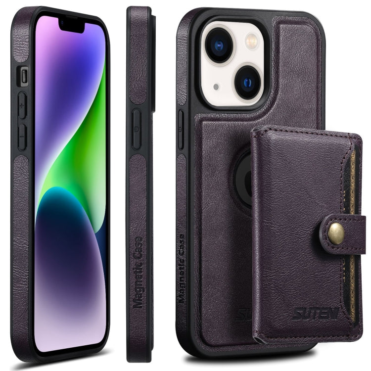 For iPhone 14 Plus Suteni M1 Oil Wax MagSafe Detachable Horizontal Card Bag Phone Case(Purple) - HoMEdemic™ 