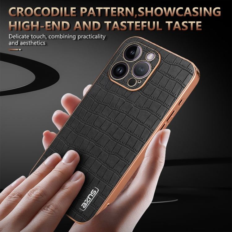 For iPhone 14 Pro AZNS Electroplated Frame Crocodile Texture Full Coverage Phone Case(Black) - HoMEdemic™ 
