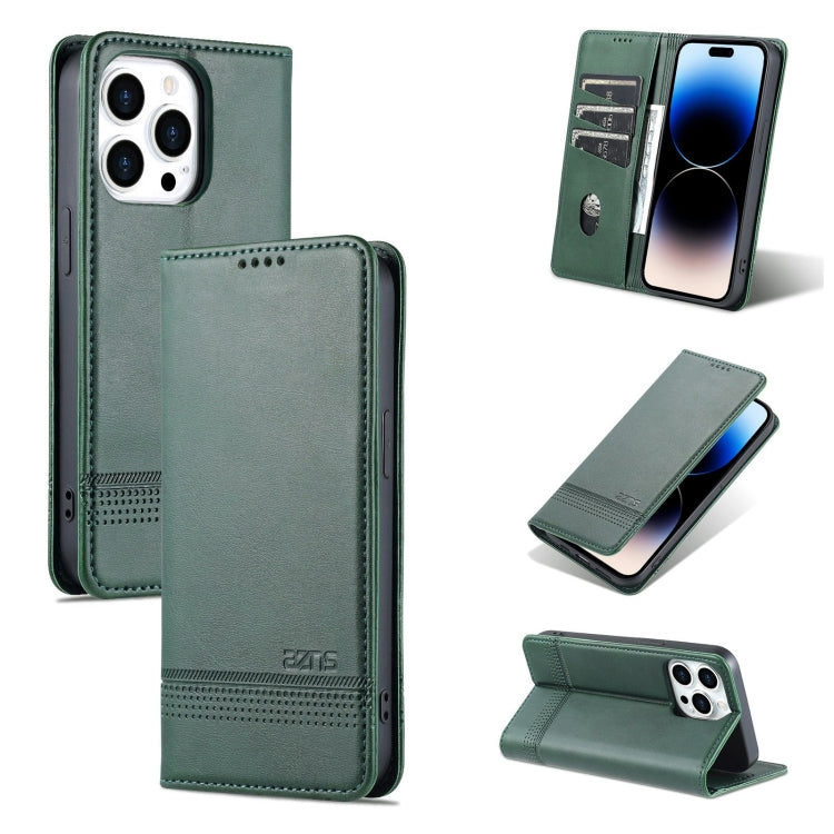 For iPhone 14 Pro AZNS Magnetic Calf Texture Flip Leather Phone Case(Dark Green) - HoMEdemic™ 