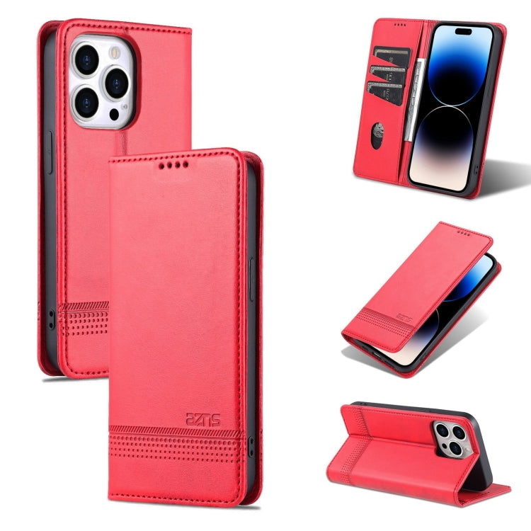 For iPhone 14 Pro AZNS Magnetic Calf Texture Flip Leather Phone Case(Red) - HoMEdemic™ 