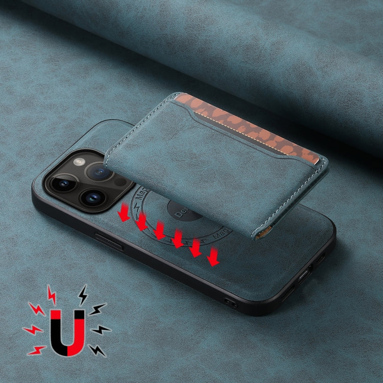For iPhone 14 Pro Denior D13 Retro Texture Leather MagSafe Card Bag Phone Case(Blue) - HoMEdemic™ 