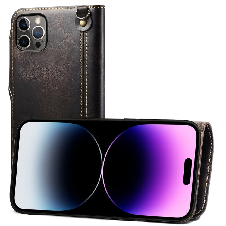 For iPhone 14 Pro Denior Oil Wax Cowhide Magnetic Button Genuine Leather Case(Black) - HoMEdemic™ 