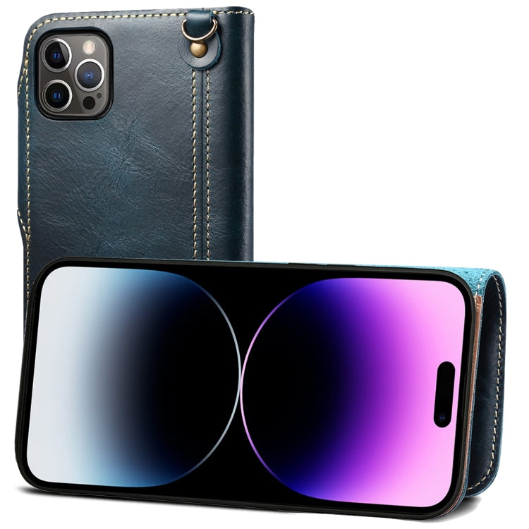 For iPhone 14 Pro Denior Oil Wax Cowhide Magnetic Button Genuine Leather Case(Dark Blue) - HoMEdemic™ 