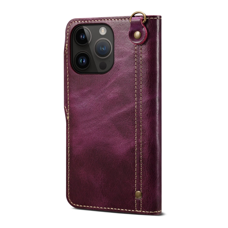 For iPhone 14 Pro Denior Oil Wax Cowhide Magnetic Button Genuine Leather Case (Purple) - HoMEdemic™ 