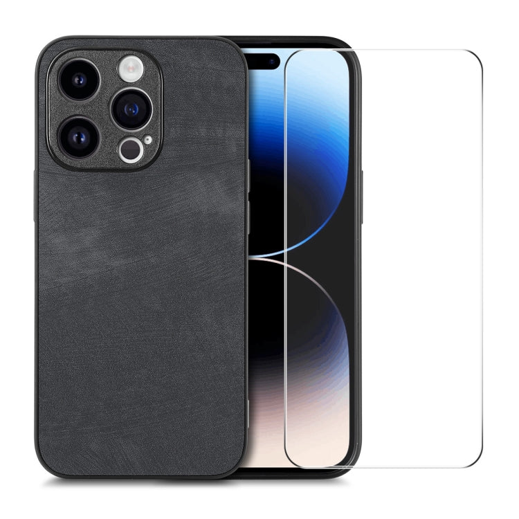 For iPhone 14 Pro ENKAY Retro Leather Skin PC Phone Case with High Aluminum-silicon Glass Film(Black) - HoMEdemic™ 