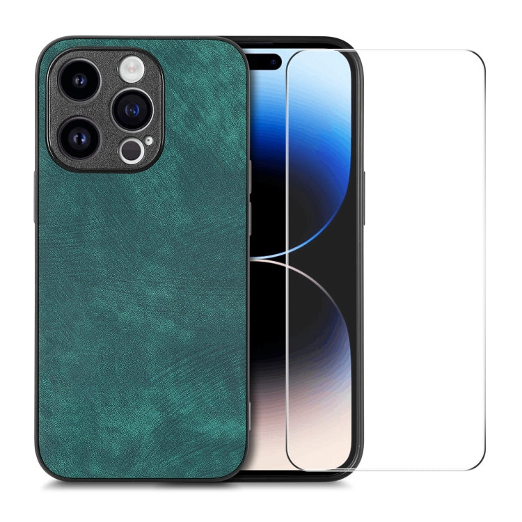 For iPhone 14 Pro ENKAY Retro Leather Skin PC Phone Case with High Aluminum-silicon Glass Film(Green) - HoMEdemic™ 