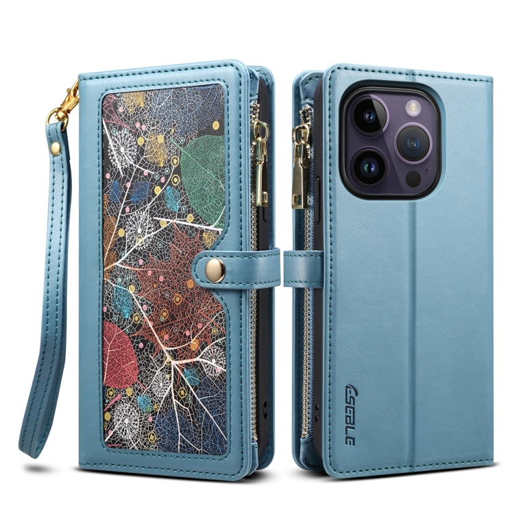 For iPhone 14 Pro ESEBLE Star Series Lanyard Zipper Wallet RFID Leather Case(Blue) - HoMEdemic™ 