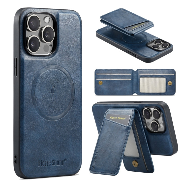 For iPhone 14 Pro Fierre Shann Cowhide Vertical Flip Magnetic Card Holder Phone Case(Blue) - HoMEdemic™ 