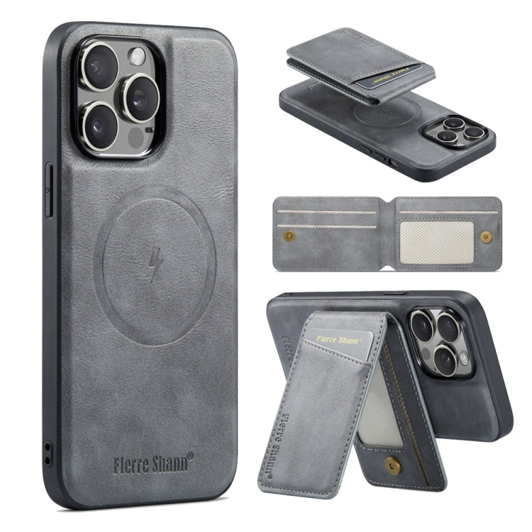 For iPhone 14 Pro Fierre Shann Cowhide Vertical Flip Magnetic Card Holder Phone Case(Grey) - HoMEdemic™ 