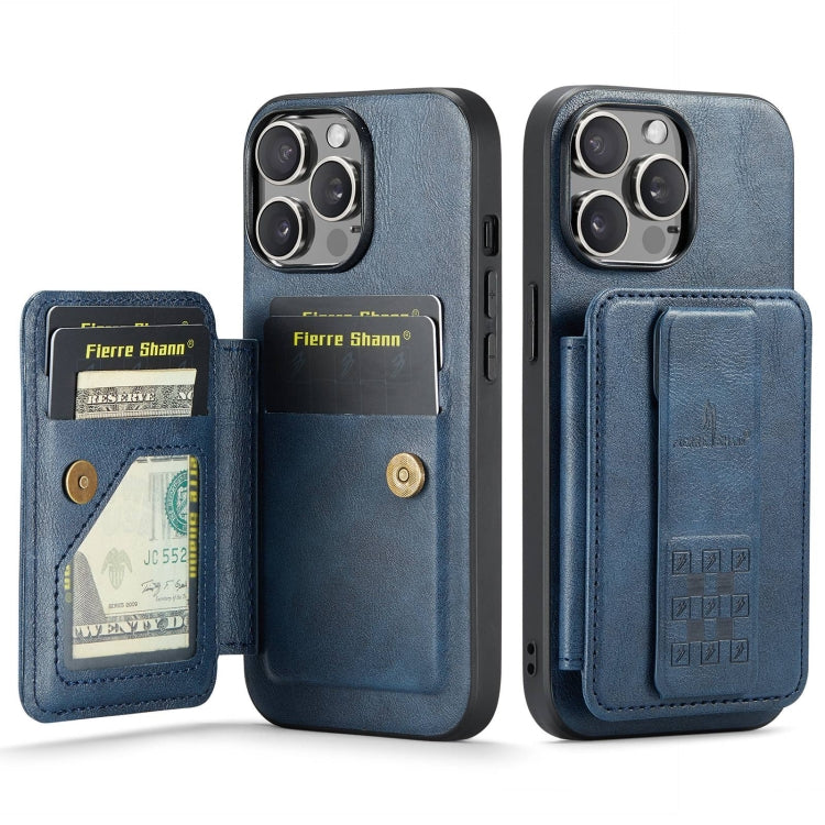 For iPhone 14 Pro Fierre Shann Oil Wax Cow Leather Card Holder Back Phone Case(Blue) - HoMEdemic™ 
