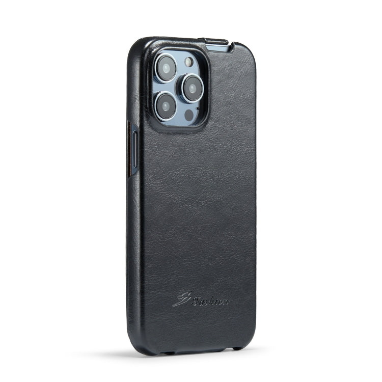 For iPhone 14 Pro Fierre Shann Oil Wax Texture Vertical Flip PU Phone Case(Black) - HoMEdemic™ 
