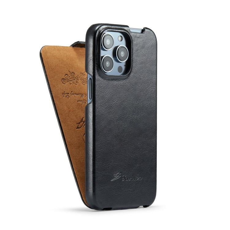 For iPhone 14 Pro Fierre Shann Oil Wax Texture Vertical Flip PU Phone Case(Black) - HoMEdemic™ 