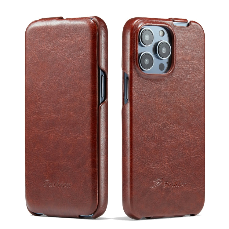 For iPhone 14 Pro Fierre Shann Oil Wax Texture Vertical Flip PU Phone Case(Brown) - HoMEdemic™ 