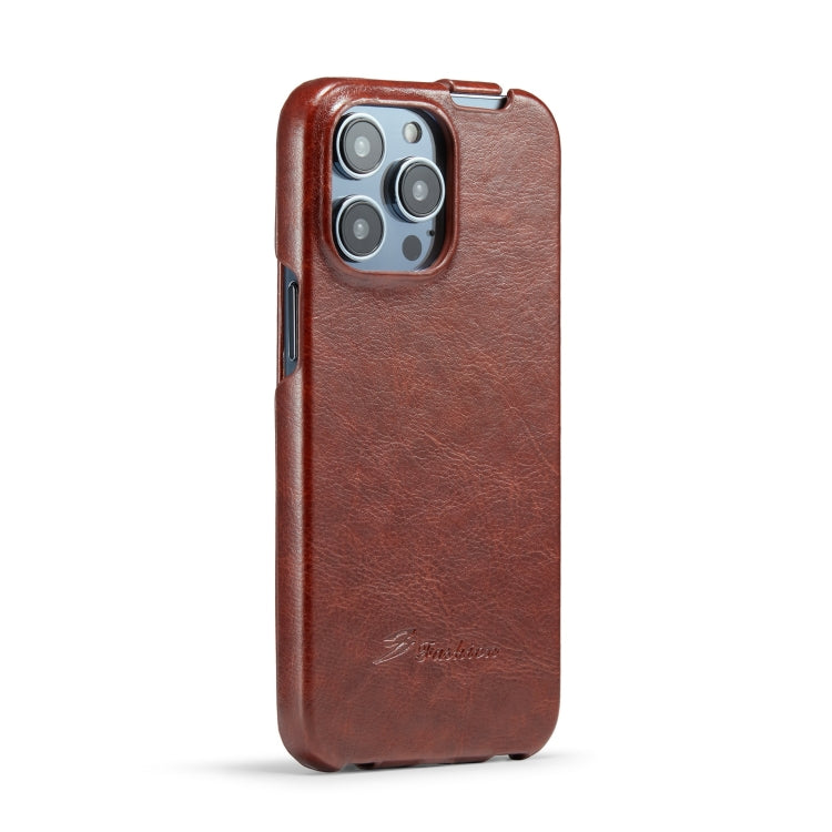 For iPhone 14 Pro Fierre Shann Oil Wax Texture Vertical Flip PU Phone Case(Brown) - HoMEdemic™ 