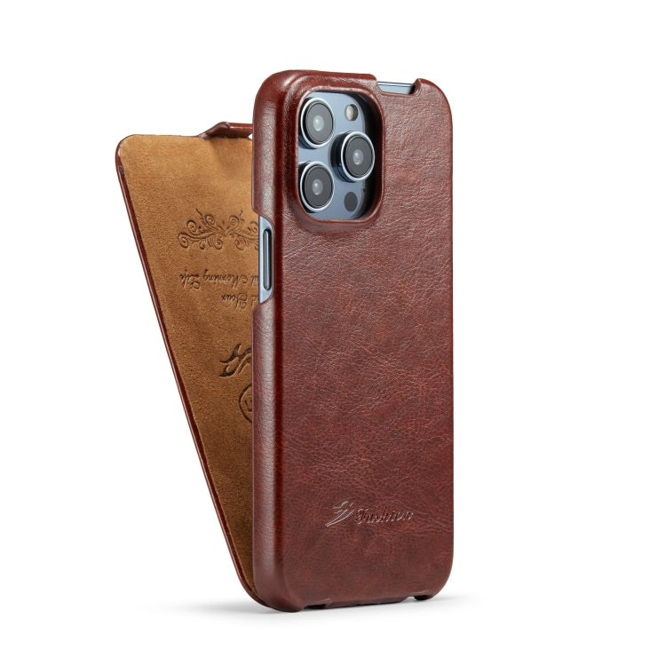 For iPhone 14 Pro Fierre Shann Oil Wax Texture Vertical Flip PU Phone Case(Brown) - HoMEdemic™ 