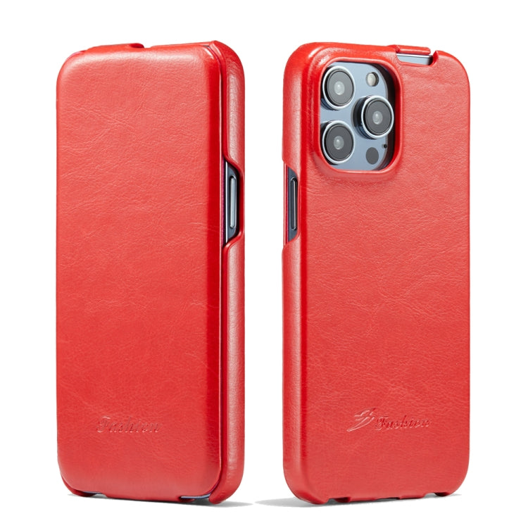 For iPhone 14 Pro Fierre Shann Oil Wax Texture Vertical Flip PU Phone Case(Red) - HoMEdemic™ 
