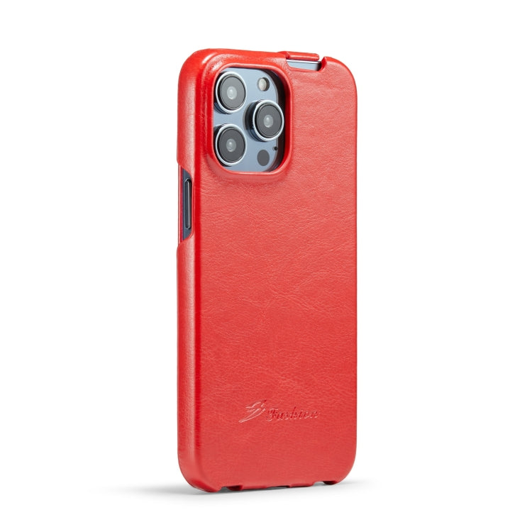 For iPhone 14 Pro Fierre Shann Oil Wax Texture Vertical Flip PU Phone Case(Red) - HoMEdemic™ 