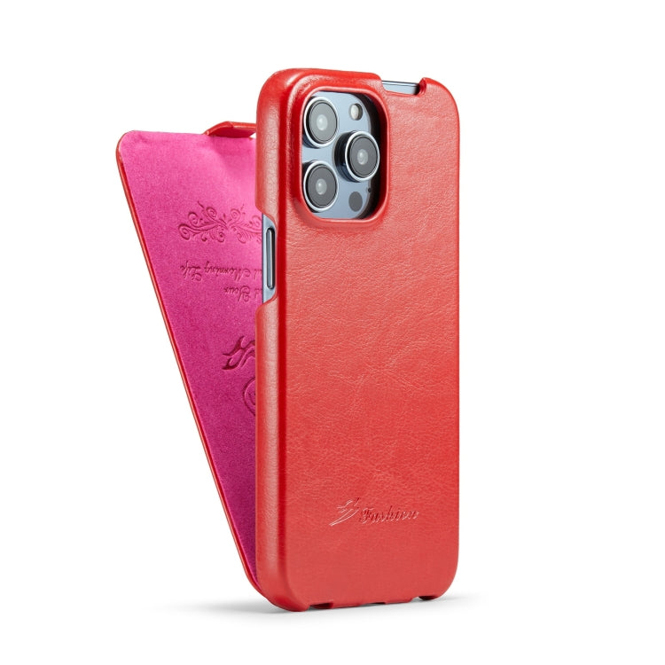 For iPhone 14 Pro Fierre Shann Oil Wax Texture Vertical Flip PU Phone Case(Red) - HoMEdemic™ 