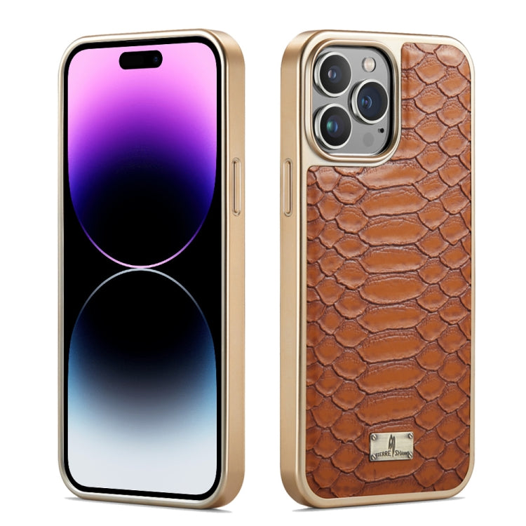 For iPhone 14 Pro Fierre Shann Python Texture Electroplating PU Phone Case(Brown) - HoMEdemic™ 