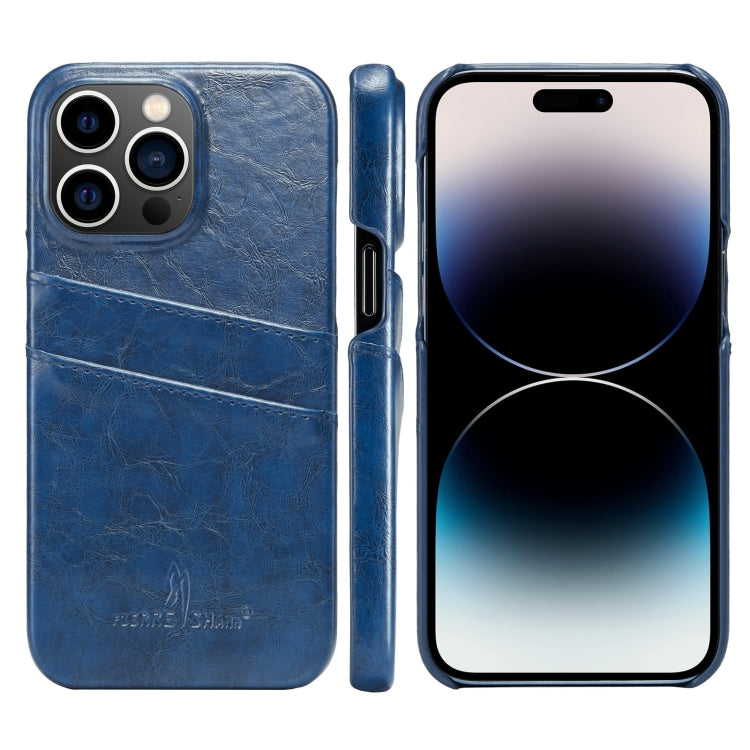 For iPhone 14 Pro Fierre Shann Retro Oil Wax Texture PU Leather Case with Card Slots(Blue) - HoMEdemic™ 