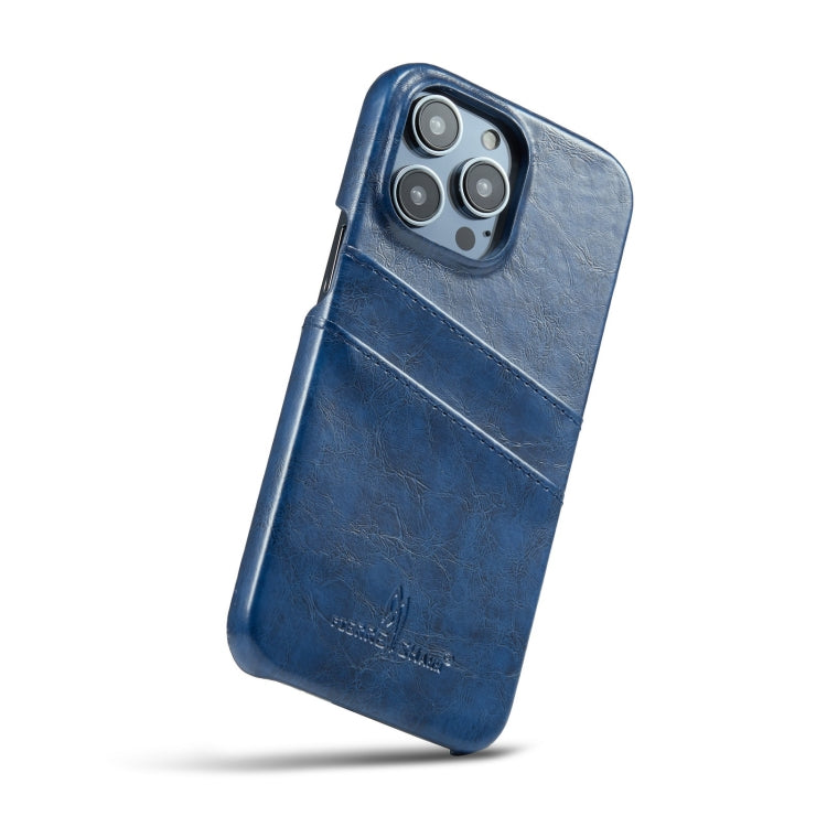 For iPhone 14 Pro Fierre Shann Retro Oil Wax Texture PU Leather Case with Card Slots(Blue) - HoMEdemic™ 
