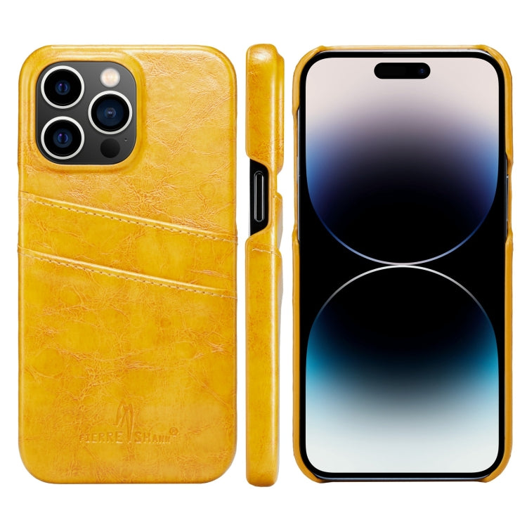 For iPhone 14 Pro Fierre Shann Retro Oil Wax Texture PU Leather Case with Card Slots(Yellow) - HoMEdemic™ 