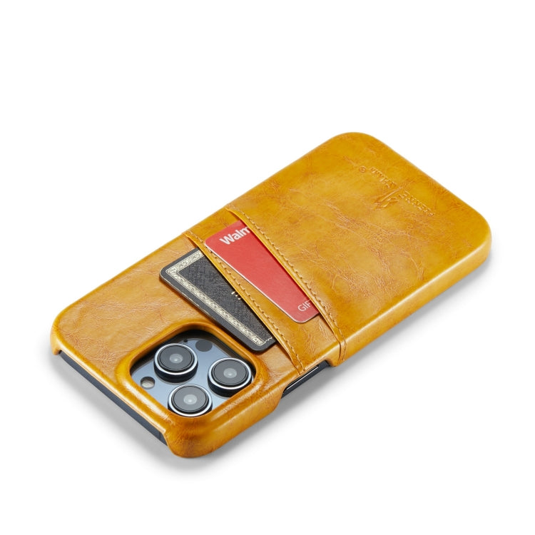 For iPhone 14 Pro Fierre Shann Retro Oil Wax Texture PU Leather Case with Card Slots(Yellow) - HoMEdemic™ 