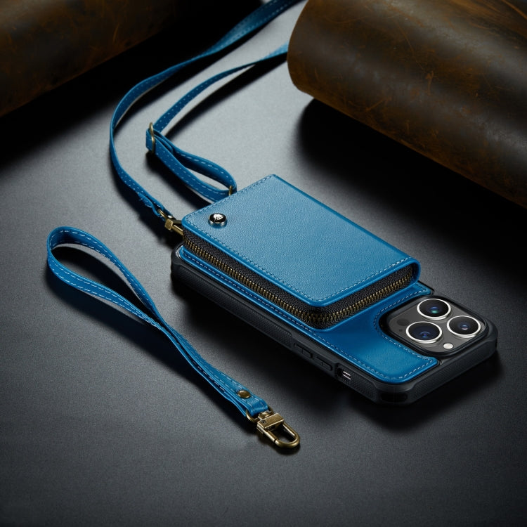 For iPhone 14 Pro JEEHOOD C22 Series Zipper Wallet Phone Case with Long and Short Lanyard(Blue) - HoMEdemic™ 
