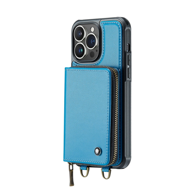 For iPhone 14 Pro JEEHOOD C22 Series Zipper Wallet Phone Case with Long and Short Lanyard(Blue) - HoMEdemic™ 
