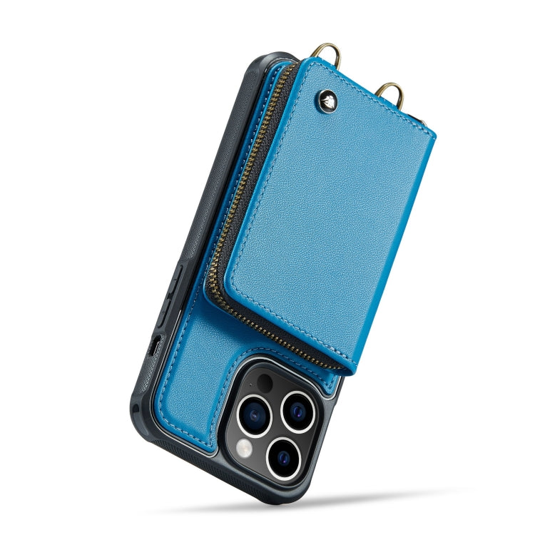 For iPhone 14 Pro JEEHOOD C22 Series Zipper Wallet Phone Case with Long and Short Lanyard(Blue) - HoMEdemic™ 