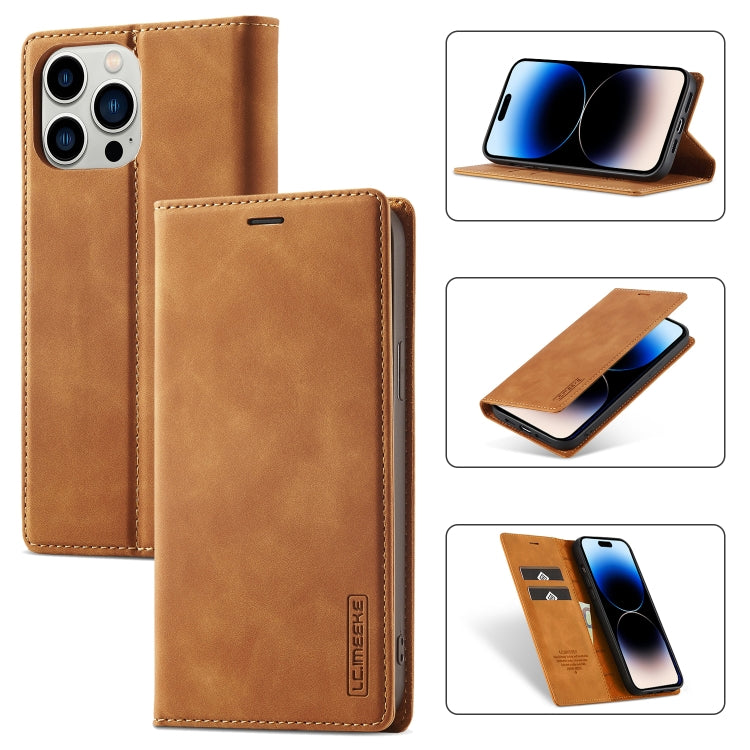 For iPhone 14 Pro LC.IMEEKE Strong Magnetic Leather Phone Case with Holder & Card Slots & Wallet(Brown) - HoMEdemic™ 
