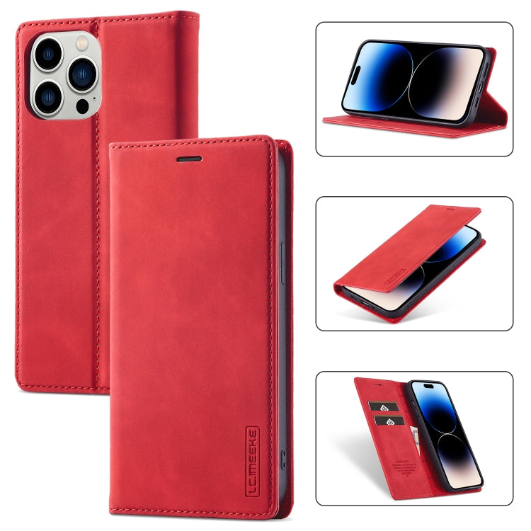 For iPhone 14 Pro LC.IMEEKE Strong Magnetic Leather Phone Case with Holder & Card Slots & Wallet(Red) - HoMEdemic™ 