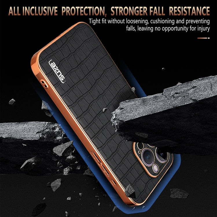 For iPhone 14 Pro Max AZNS Electroplated Frame Crocodile Texture Full Coverage Phone Case(Black) - HoMEdemic™ 
