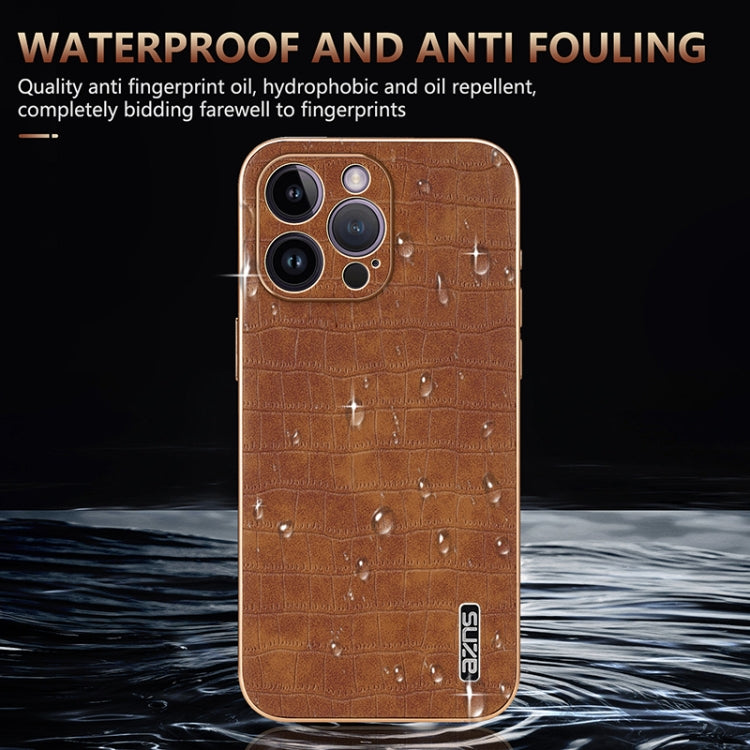 For iPhone 14 Pro Max AZNS Electroplated Frame Crocodile Texture Full Coverage Phone Case(Black) - HoMEdemic™ 