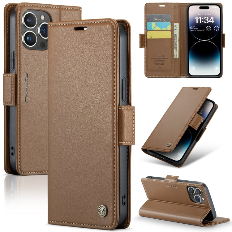 For iPhone 14 Pro Max CaseMe 023 Butterfly Buckle Litchi Texture RFID Anti-theft Leather Phone Case(Brown) - HoMEdemic™ 