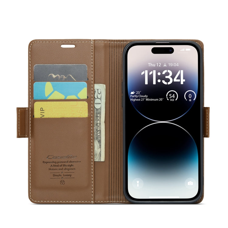For iPhone 14 Pro Max CaseMe 023 Butterfly Buckle Litchi Texture RFID Anti-theft Leather Phone Case(Brown) - HoMEdemic™ 