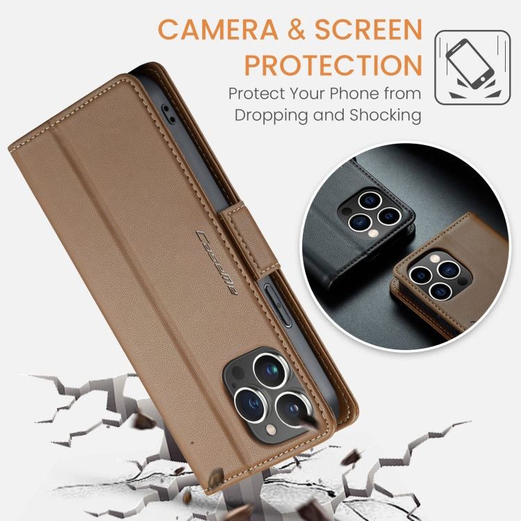 For iPhone 14 Pro Max CaseMe 023 Butterfly Buckle Litchi Texture RFID Anti-theft Leather Phone Case(Brown) - HoMEdemic™ 