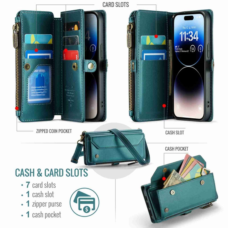 For iPhone 14 Pro Max CaseMe C36 Card Slots Zipper Wallet RFID Anti-theft Leather Phone Case(Blue-green) - HoMEdemic™ 