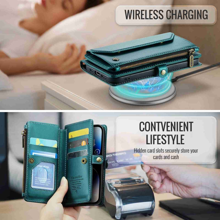 For iPhone 14 Pro Max CaseMe C36 Card Slots Zipper Wallet RFID Anti-theft Leather Phone Case(Blue-green) - HoMEdemic™ 