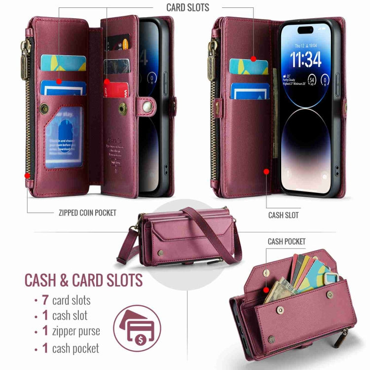 For iPhone 14 Pro Max CaseMe C36 Card Slots Zipper Wallet RFID Anti-theft Leather Phone Case(Wine Red) - HoMEdemic™ 
