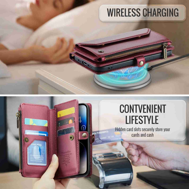 For iPhone 14 Pro Max CaseMe C36 Card Slots Zipper Wallet RFID Anti-theft Leather Phone Case(Wine Red) - HoMEdemic™ 