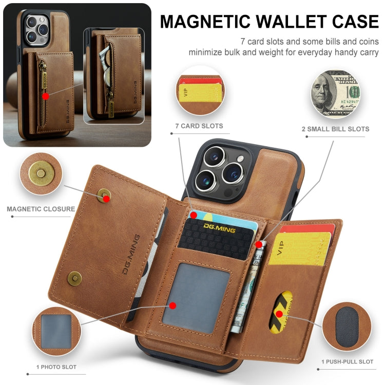 For iPhone 14 Pro Max DG.MING M5 Series Zip RFID Multi Card Detachable Leather Phone Case(Brown) - HoMEdemic™ 