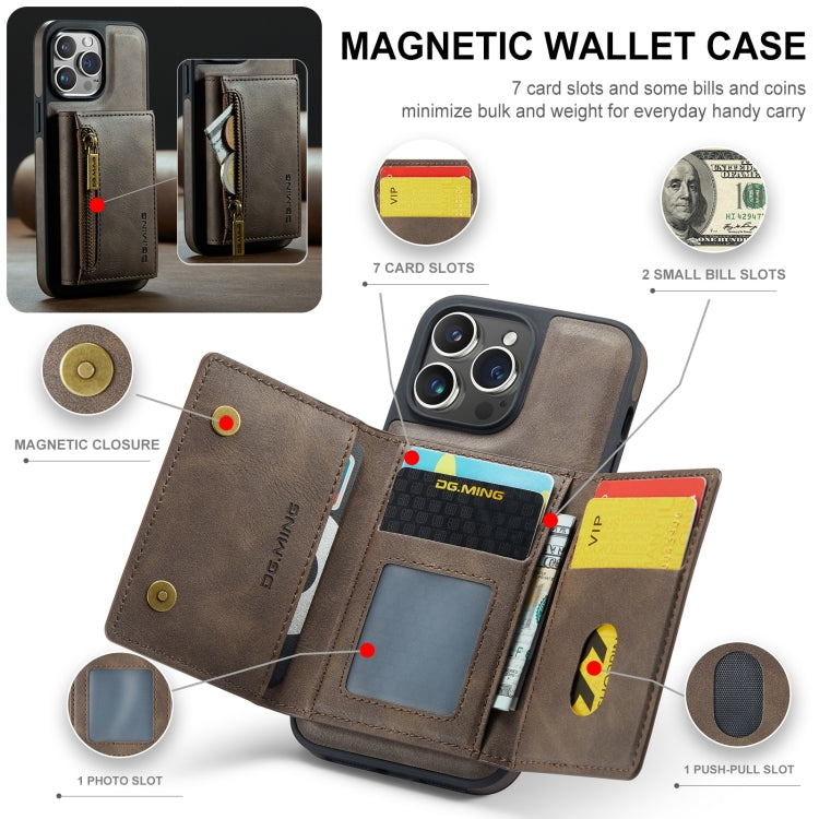 For iPhone 14 Pro Max DG.MING M5 Series Zip RFID Multi Card Detachable Leather Phone Case(Coffee) - HoMEdemic™ 